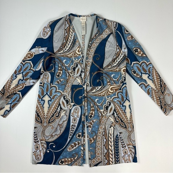 Chicos Faux Suede Jacket Paisley Sz 1 US 8 Medium Blue Beige Open Front Duster - Picture 8 of 15